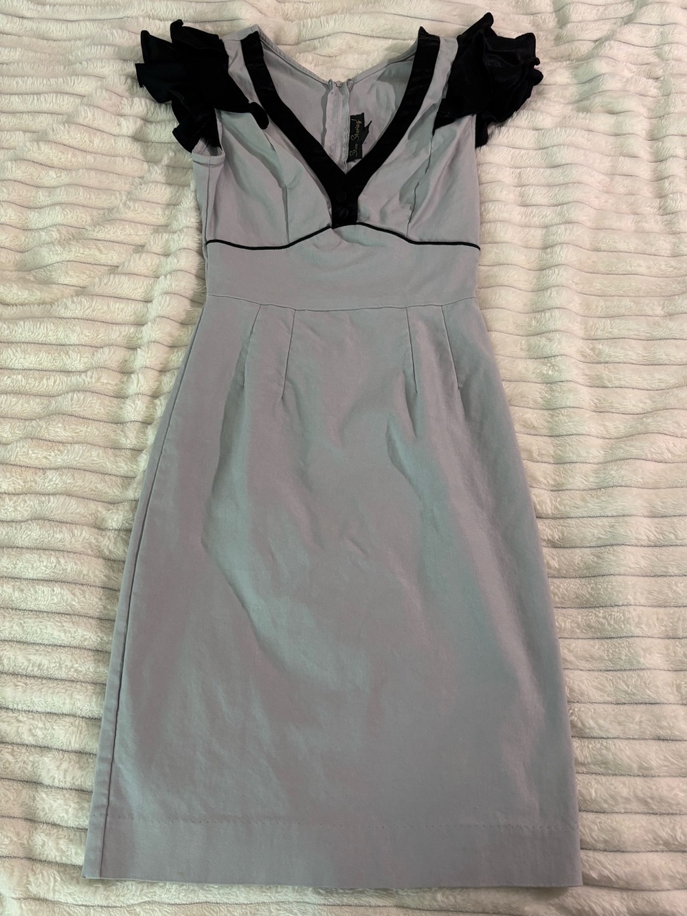 Stop Staring Light Gray Dress with Black Trim and Ruffle Sleeves